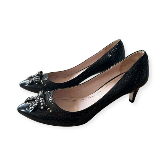 Miu Miu Black Patent Pumps with Studded Bow with perfs, Size 38.5 EU - Picture 13 of 14